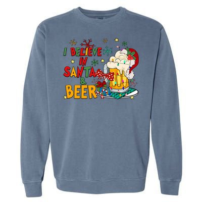 I Believe In Santa And Beer Christmas Lights Funny Santa Hat Gift Garment-Dyed Sweatshirt