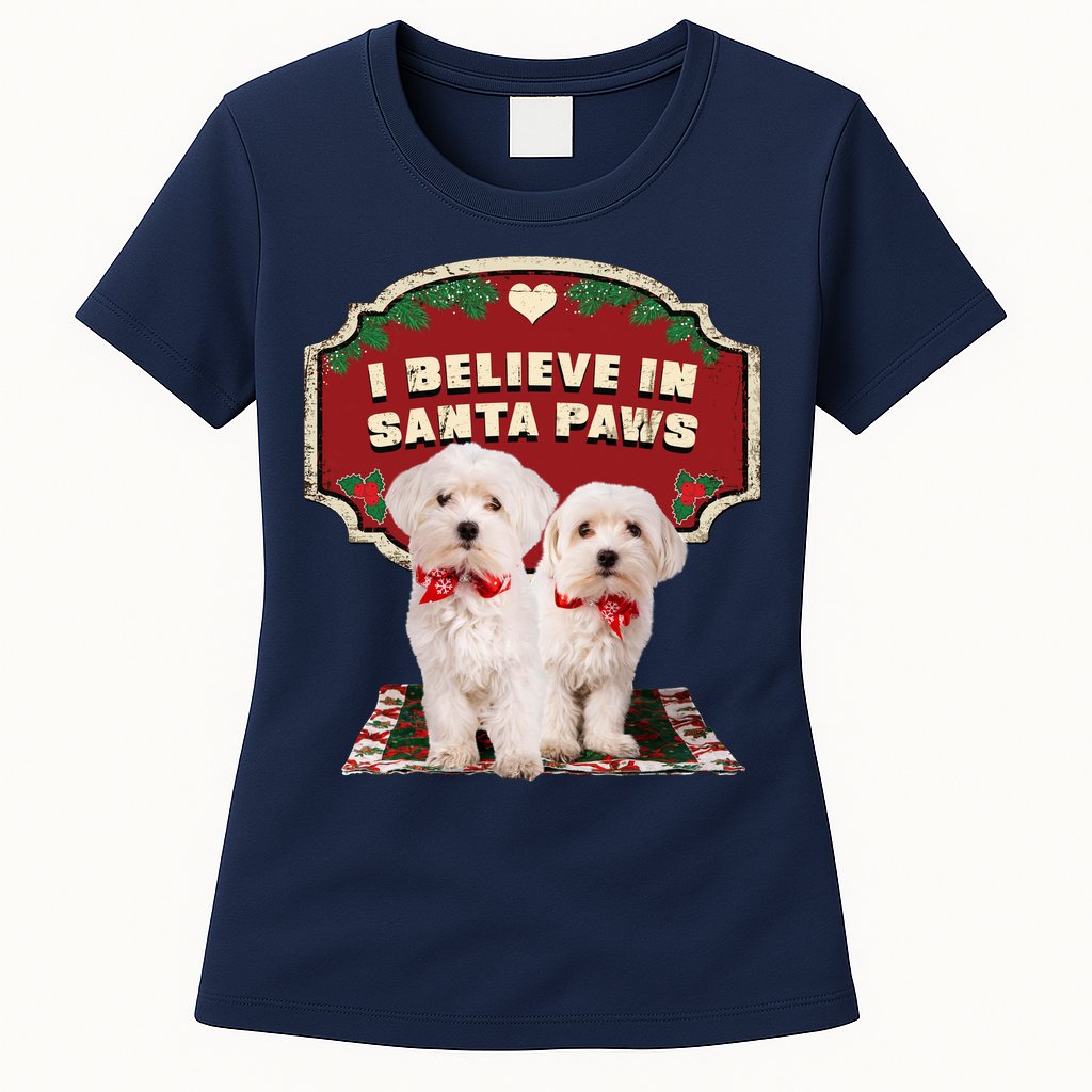 I Believe In Santa Paws Cute Christmas Dog Lover Womens T-Shirt