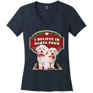 I Believe In Santa Paws Cute Christmas Dog Lover Women's V-Neck T-Shirt