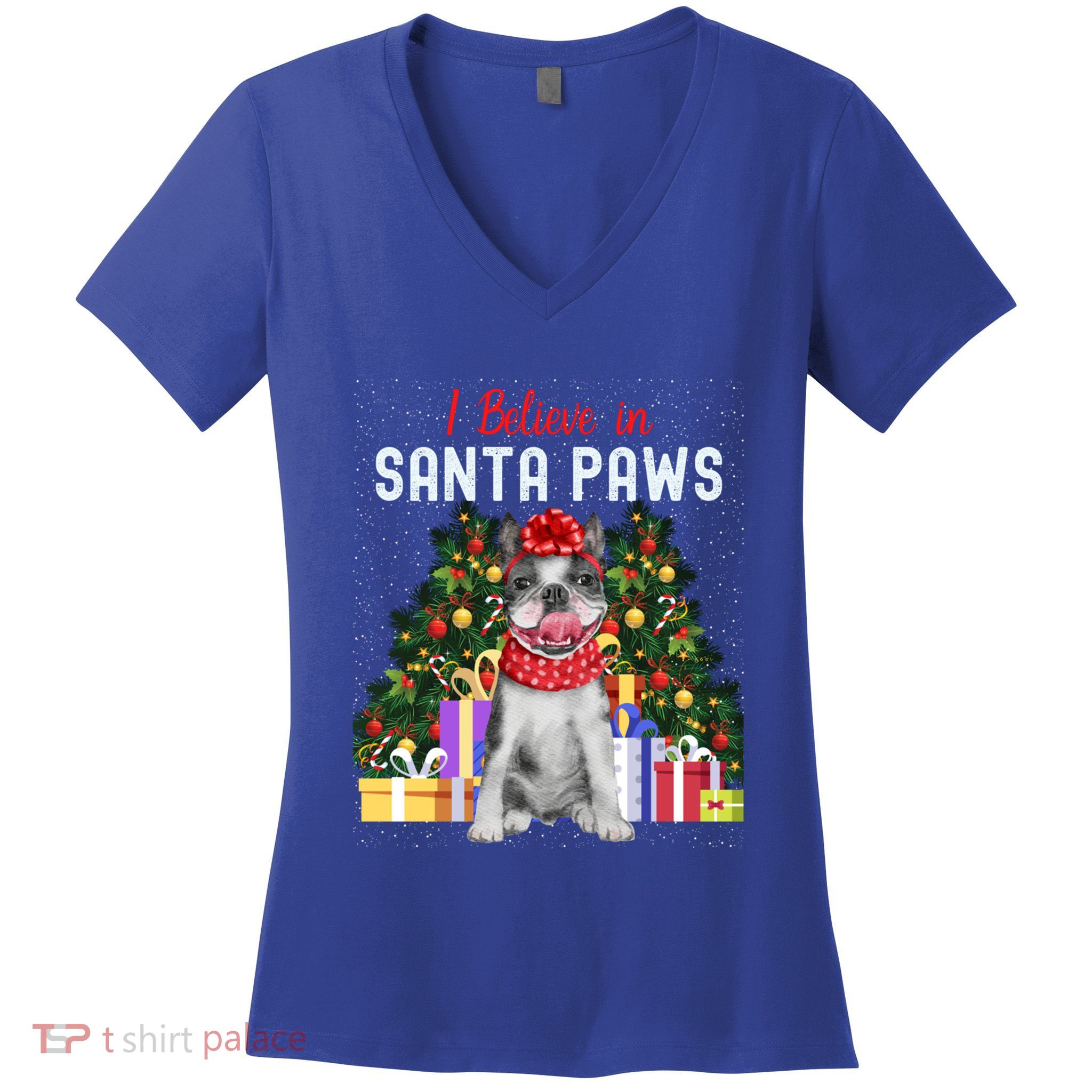 I Believe In Santa Paws Cute French Bulldog Christmas Cool Gift Women's V-Neck T-Shirt