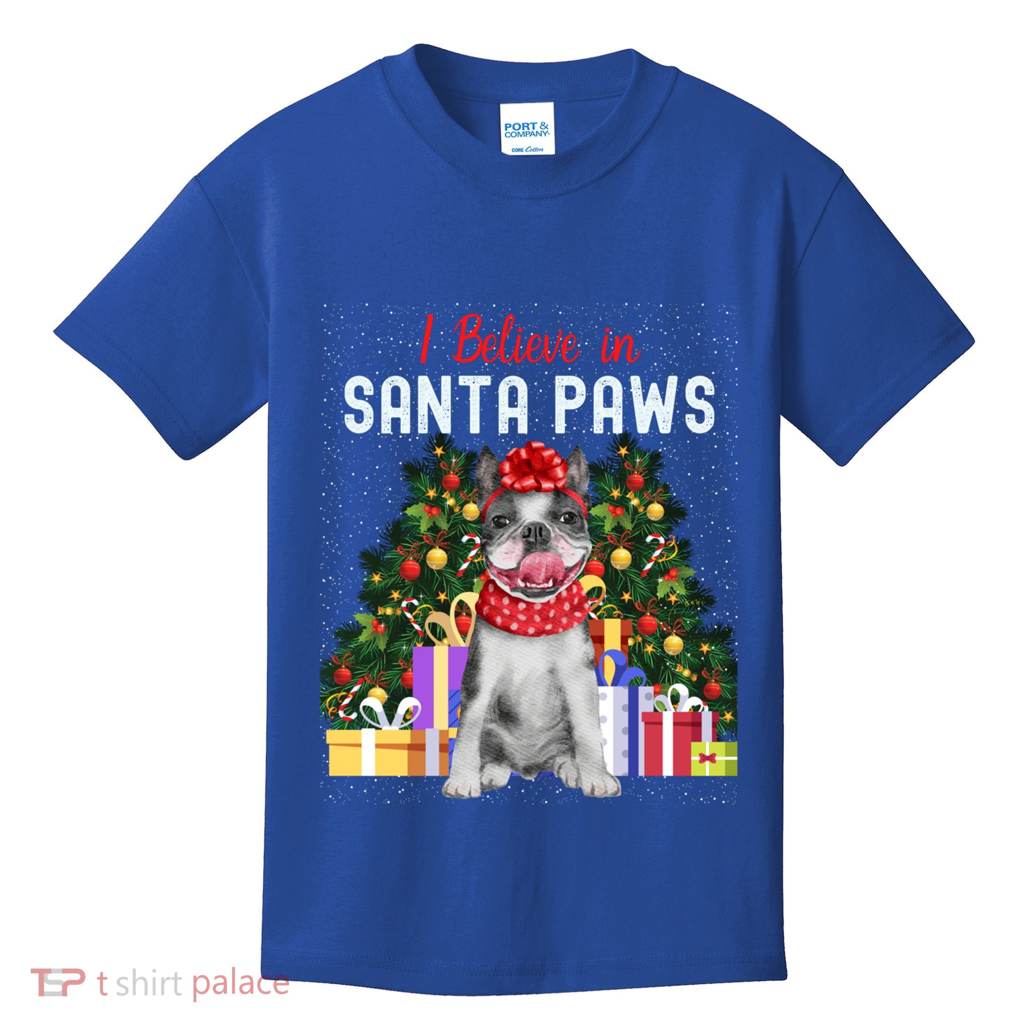 I Believe In Santa Paws Cute French Bulldog Christmas Cool Gift Kids T-Shirt