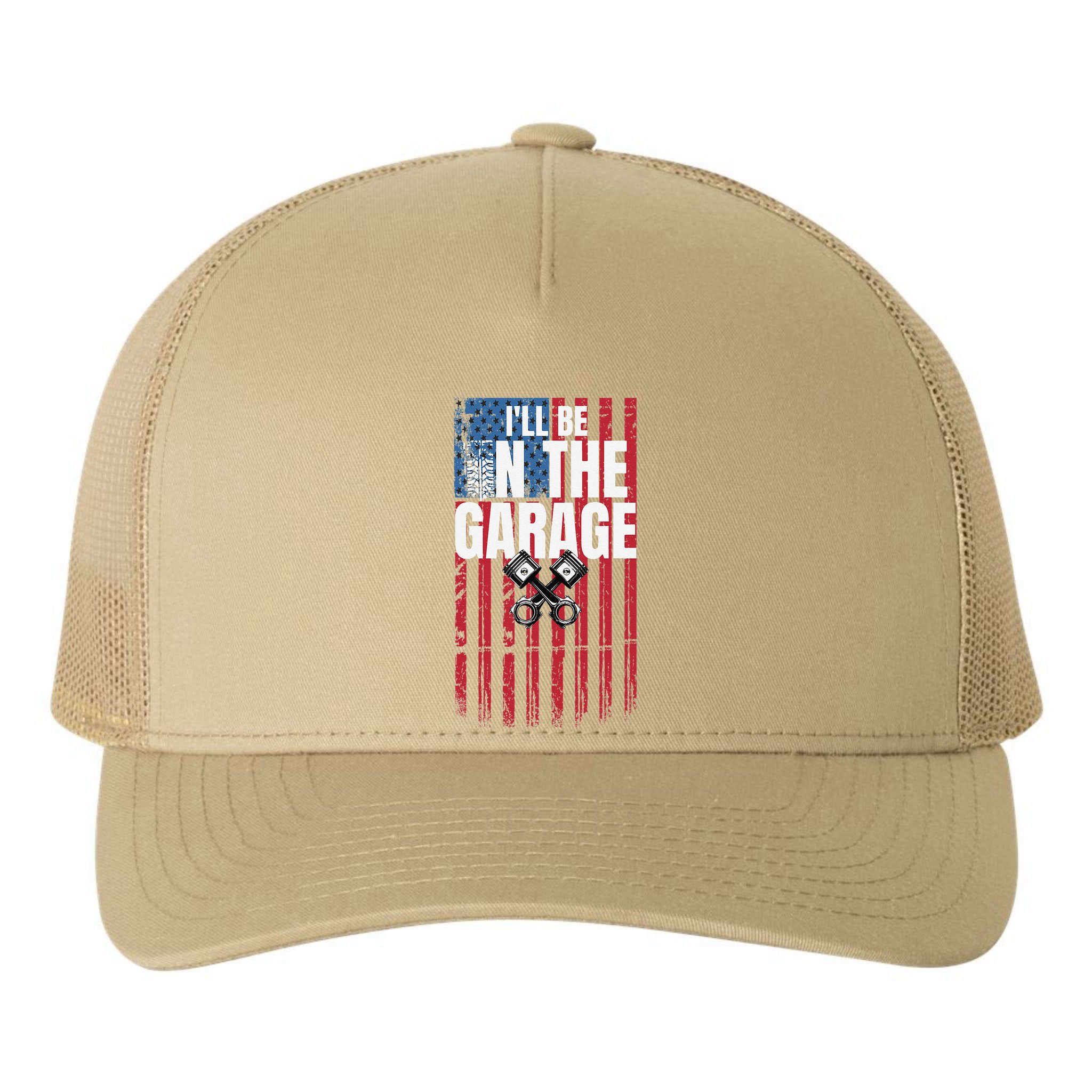 ILl Be In The Garage American Us Flag Mechanic Dad Grandpa Yupoong Adult 5-Panel Trucker Hat