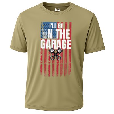 ILl Be In The Garage American Us Flag Mechanic Dad Grandpa Cooling Performance Crew T-Shirt