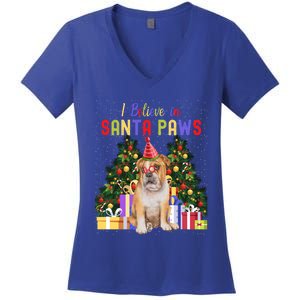 I Believe In Santa Paws Bulldog Lover Cute Xmas Bulldog Gift Women's V-Neck T-Shirt