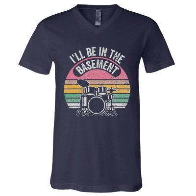 ILl Be In The Basement Drum Set Vintage Style V-Neck T-Shirt