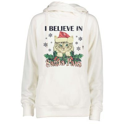 I Believe In Santa Paws Cute Cat Christmas Hat Gift Womens Funnel Neck Pullover Hood