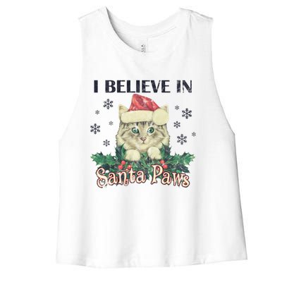 I Believe In Santa Paws Cute Cat Christmas Hat Gift Women's Racerback Cropped Tank