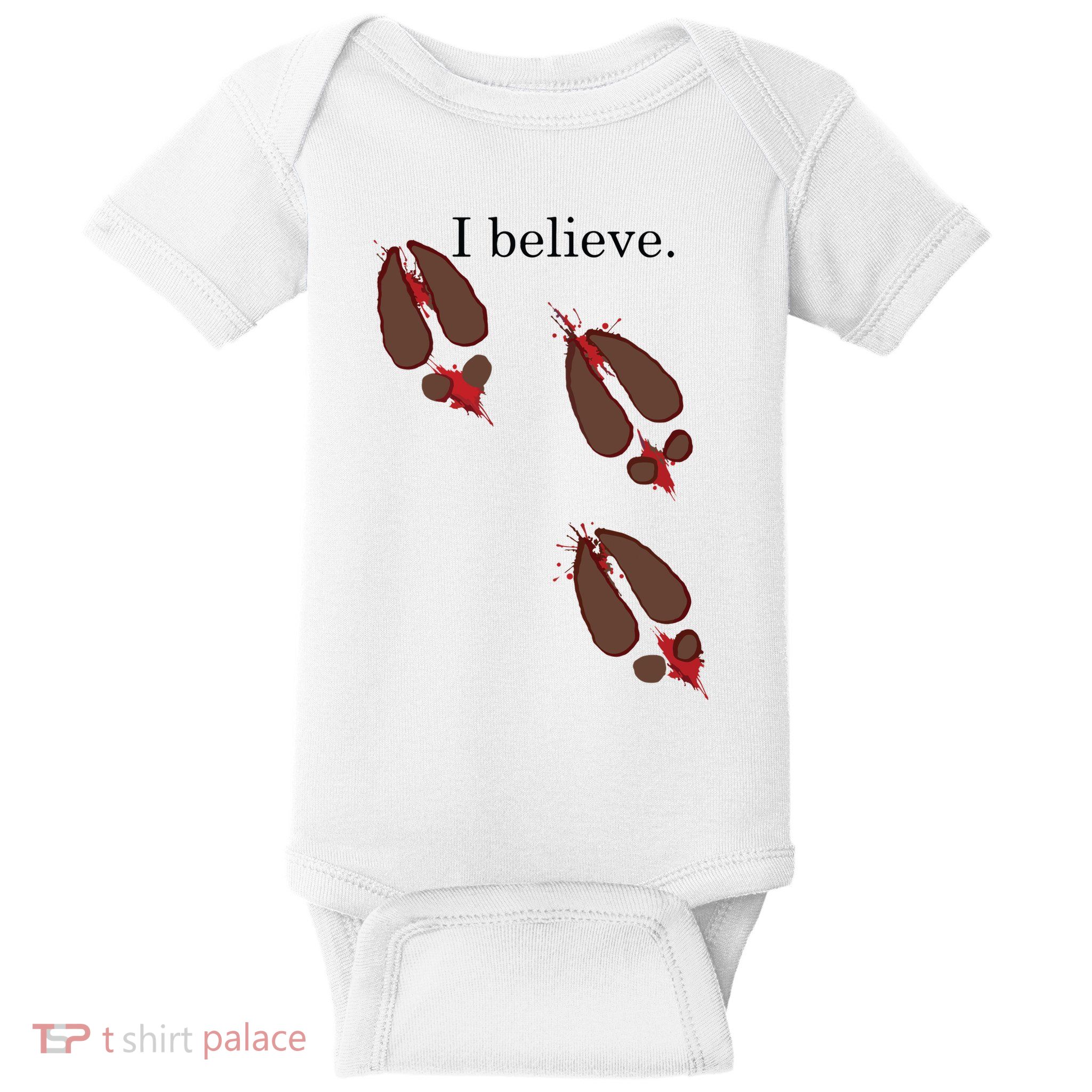 I Believe In Santa Funny Reindeer Hoof Prints Christmas Baby Bodysuit