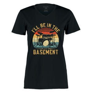 I'll Be In The Basement Drumming for Funny Drummer Women's Momentum V-Neck T-Shirt