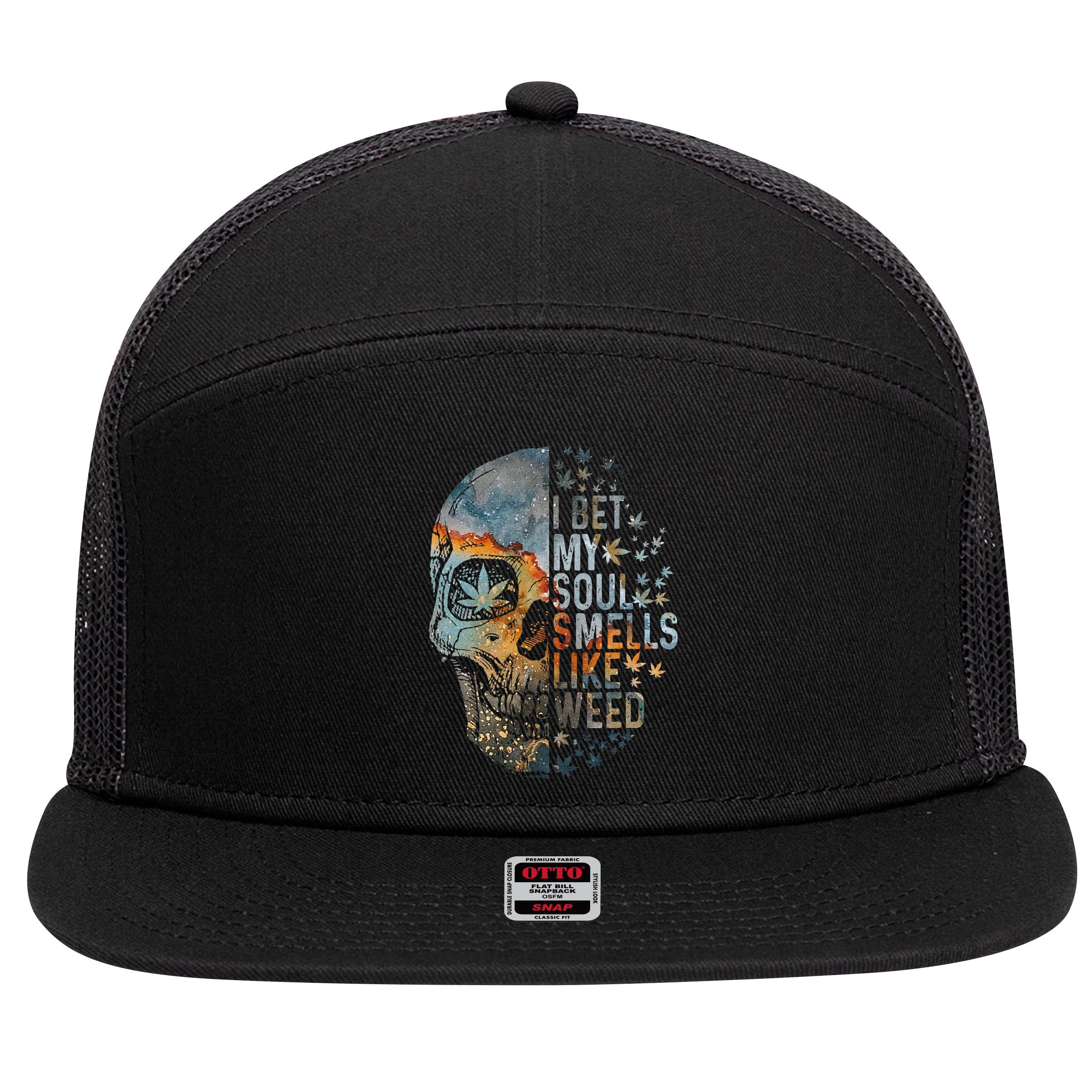 I Bet My Soul Smells Like Weed Skull Cannabis Funny 7 Panel Mesh Trucker Snapback Hat