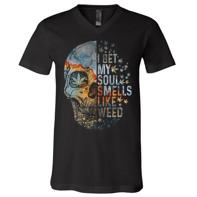 I Bet My Soul Smells Like Weed Skull Cannabis Funny V-Neck T-Shirt