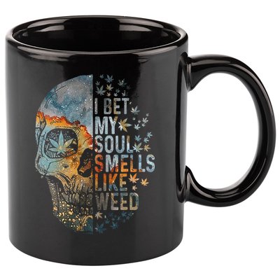 I Bet My Soul Smells Like Weed Skull Cannabis Funny 11oz C Handle Ceramic Mug