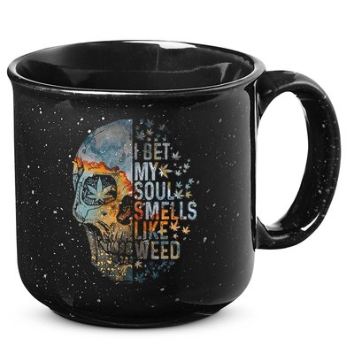 I Bet My Soul Smells Like Weed Skull Cannabis Funny 15oz Campfire Ceramic Mug