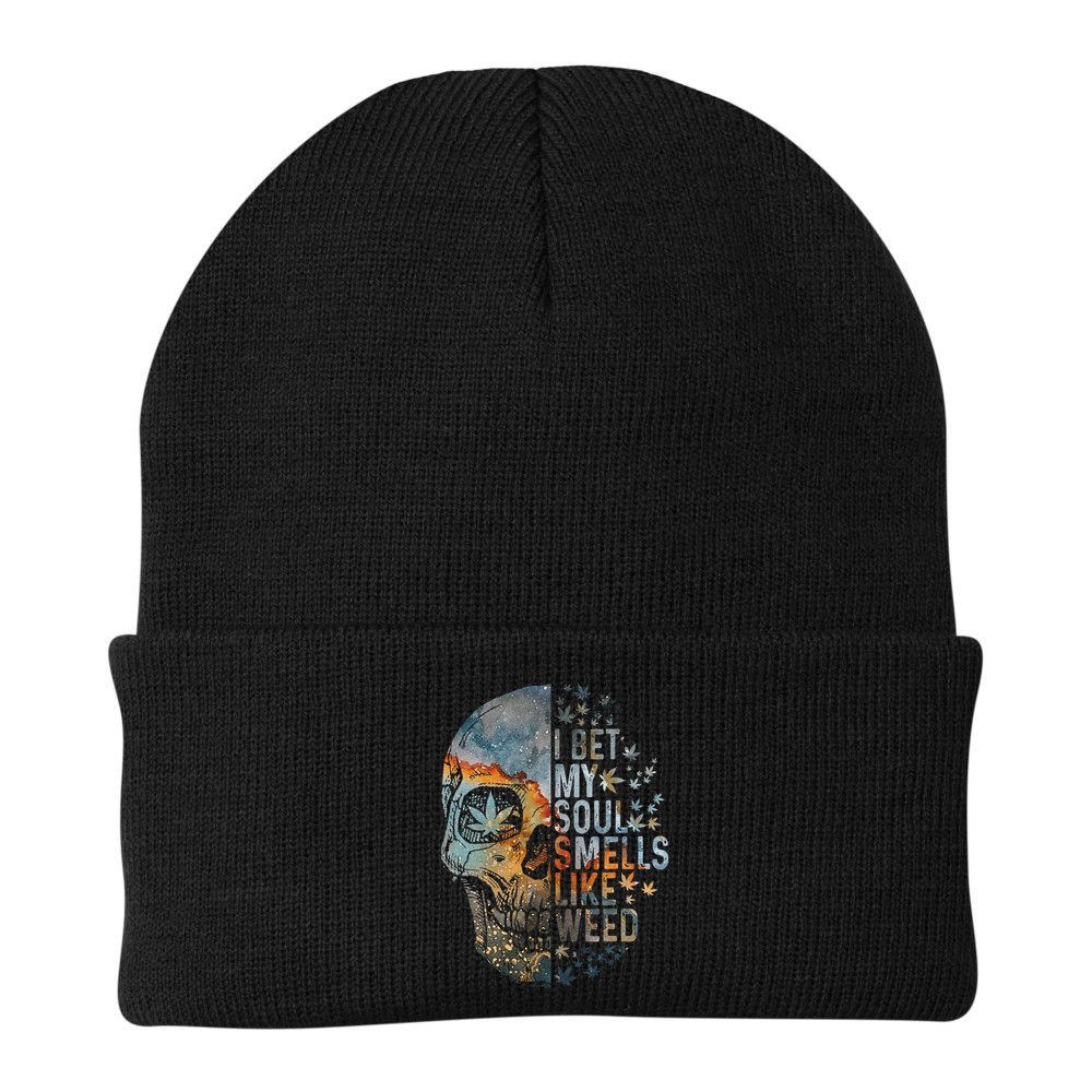 I Bet My Soul Smells Like Weed Skull Cannabis Funny Beanie