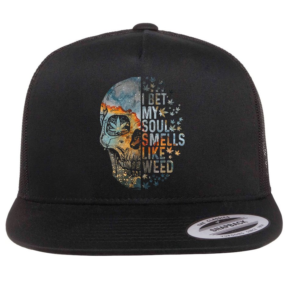 I Bet My Soul Smells Like Weed Skull Cannabis Funny Flat Bill Trucker Hat