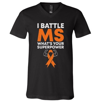 I Battle Ms WhatS Your Superpower Awareness Ribbon V-Neck T-Shirt