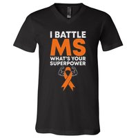I Battle Ms WhatS Your Superpower Awareness Ribbon V-Neck T-Shirt