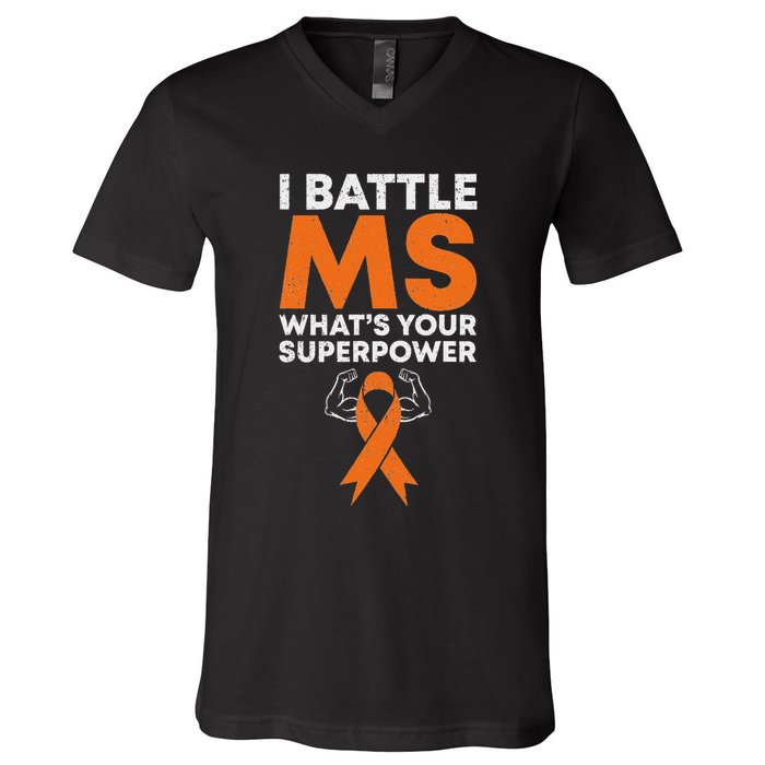 I Battle Ms WhatS Your Superpower Awareness Ribbon V-Neck T-Shirt
