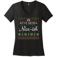 IVe Been Nice Ish Funny Nice Naughty Christmas Ugly Sweater Sweatshirt Women's V-Neck T-Shirt