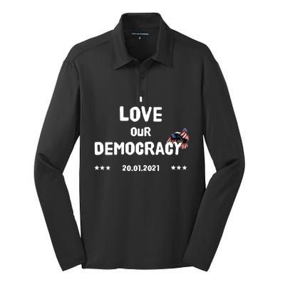 Inauguration Biden President I Love Our Democracy Usa Flag Great Gift Silk Touch Performance Long Sleeve Polo