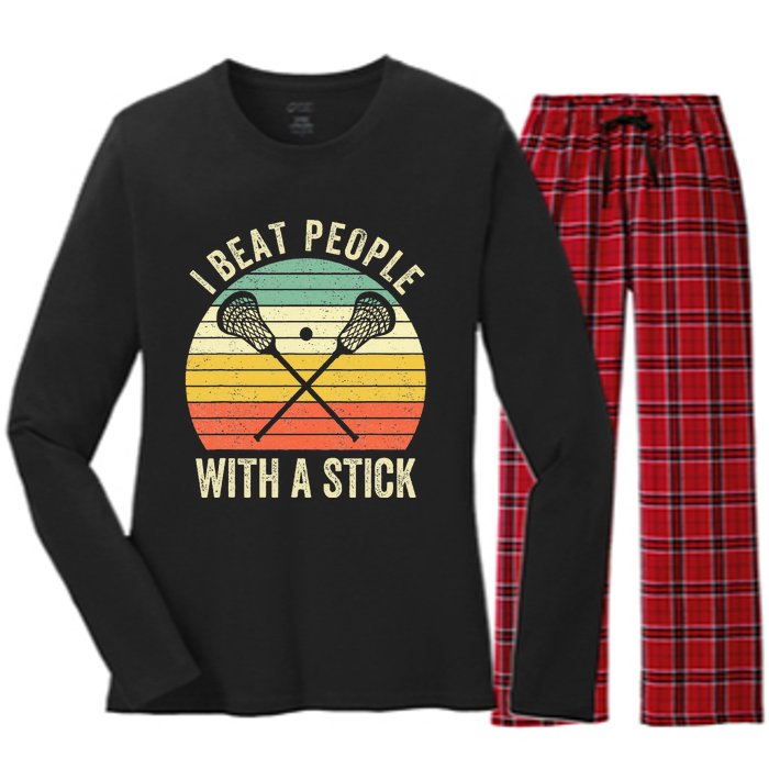 I Beat People With A Stick Funny Lacrosse Player Women's Long Sleeve Flannel Pajama Set 