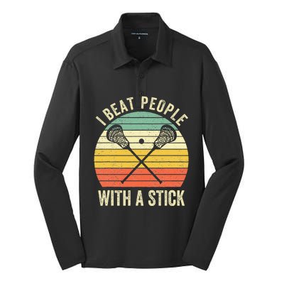 I Beat People With A Stick Funny Lacrosse Player Silk Touch Performance Long Sleeve Polo