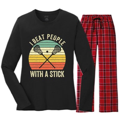 I Beat People With A Stick Funny Lacrosse Player Women's Long Sleeve Flannel Pajama Set 