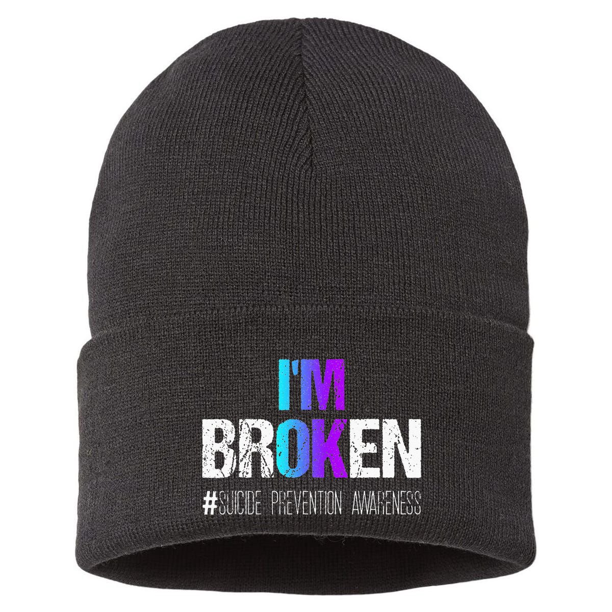 I'm broken Teal & Purple Ribbon Suicide Prevention Awareness Sustainable Knit Beanie