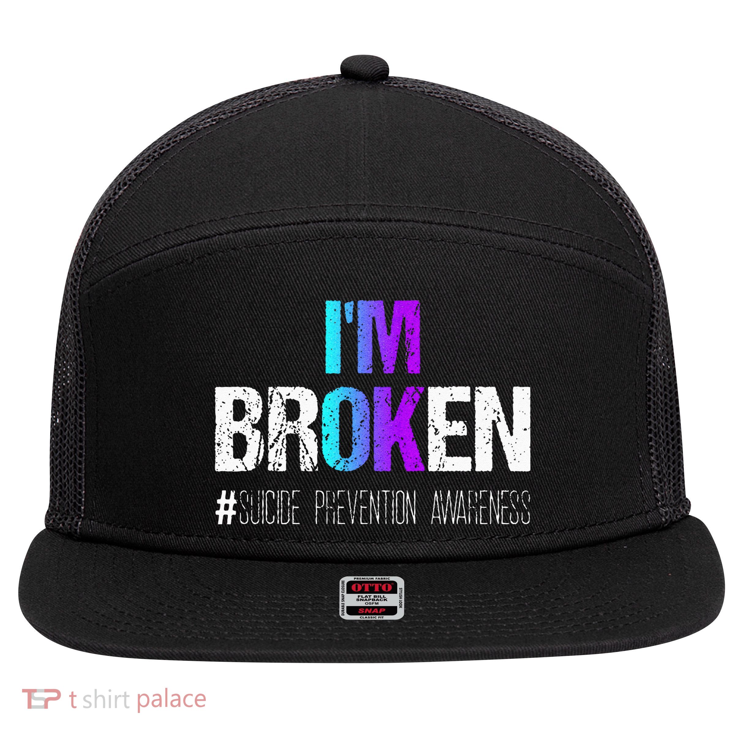 Im Broken Teal & Purple Ribbon Suicide Prevention Awareness 7 Panel Mesh Trucker Snapback Hat