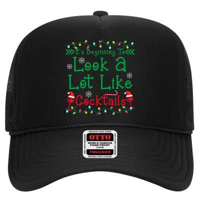 It's Beginning To Look A Lot Like Cocktails Funny Christmas High Crown Mesh Back Trucker Hat