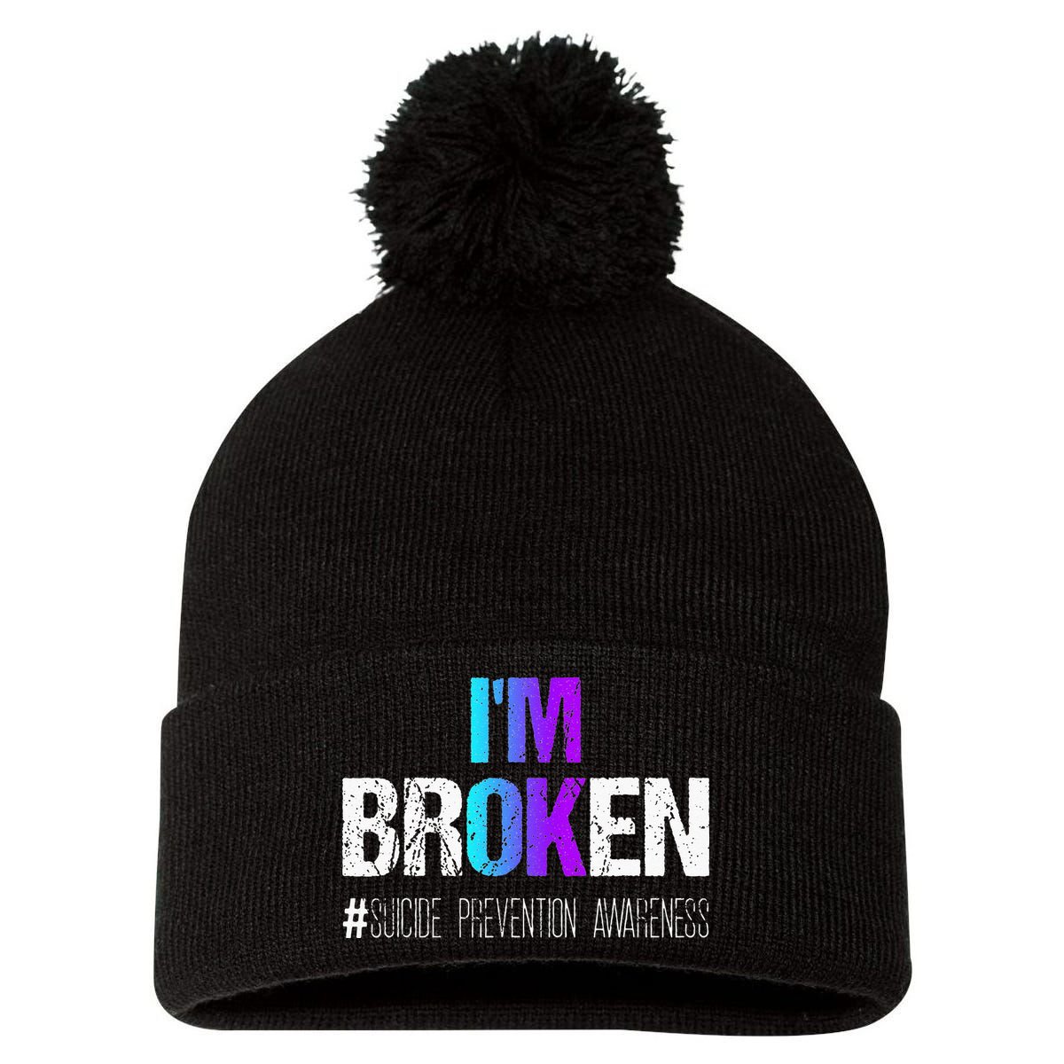 Im Broken Teal & Purple Ribbon Suicide Prevention Awareness Pom Pom 12in Knit Beanie