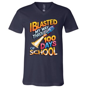 I Blasted Through 100 Days Of School Rocket Fun Teacher V-Neck T-Shirt