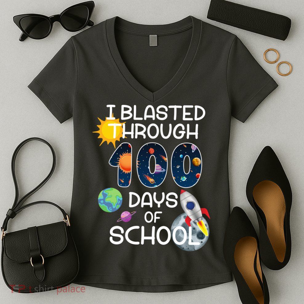 I Blasted Through 100 Days Of School Galaxy Women's V-Neck T-Shirt