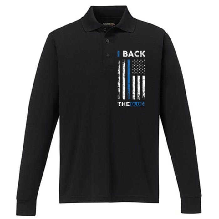 I Back The Blue Blue Line Police Officer Cop Performance Long Sleeve Polo