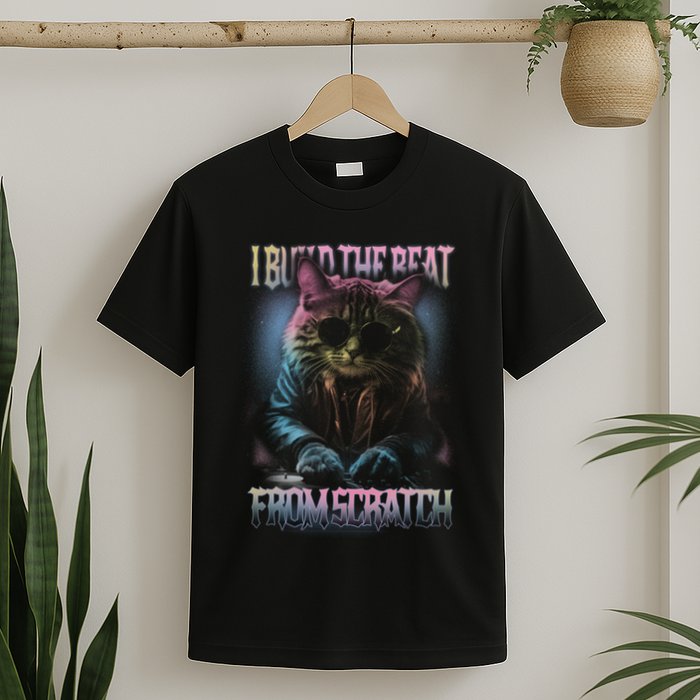 I Build The Beat From Scratch Funny Cosmic Dj Cat T-Shirt