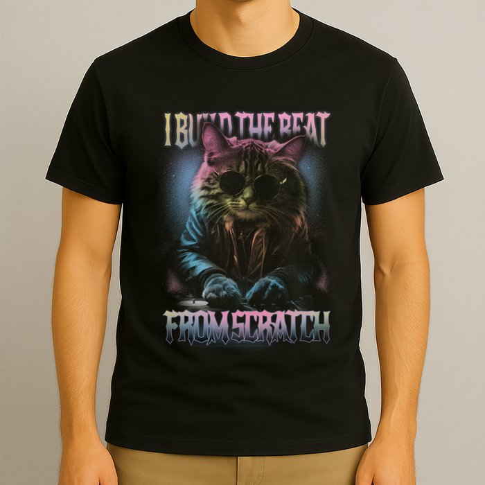 I Build The Beat From Scratch Funny Cosmic Dj Cat T-Shirt
