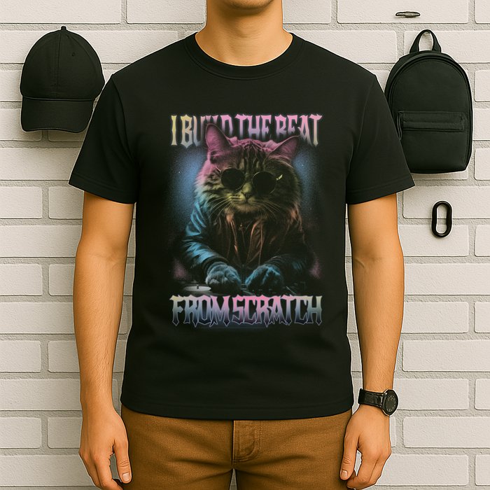 I Build The Beat From Scratch Funny Cosmic Dj Cat T-Shirt
