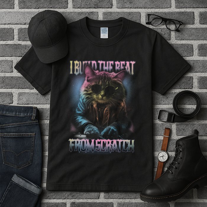 I Build The Beat From Scratch Funny Cosmic Dj Cat Tall T-Shirt