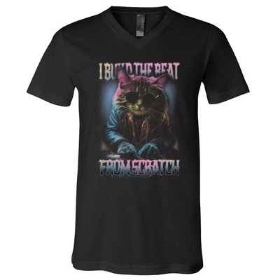 I Build The Beat From Scratch Funny Cosmic Dj Cat V-Neck T-Shirt