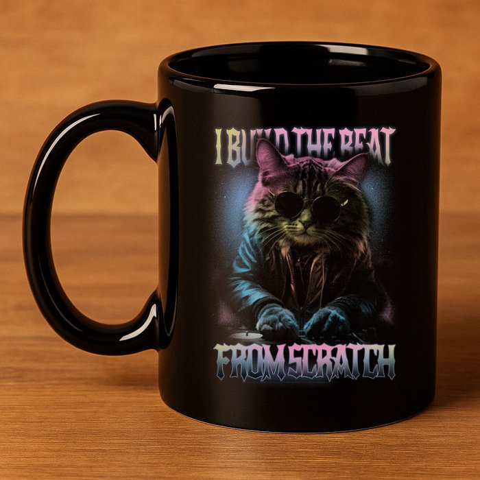 I Build The Beat From Scratch Funny Cosmic Dj Cat 11oz C Handle Ceramic Mug