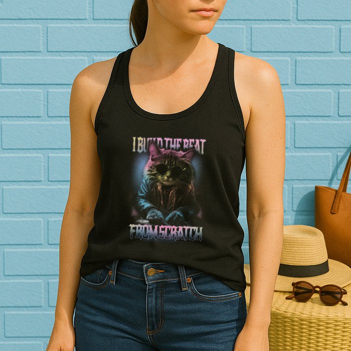I Build The Beat From Scratch Funny Cosmic Dj Cat Womens Tank Top