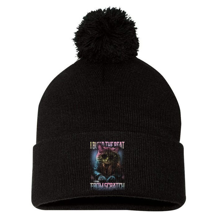 I Build The Beat From Scratch Funny Cosmic Dj Cat Pom Pom 12in Knit Beanie