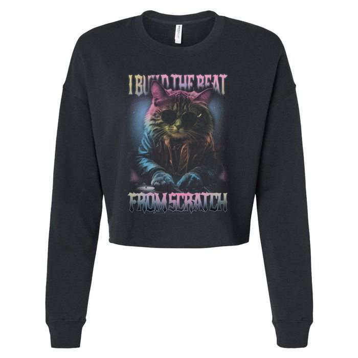 I Build The Beat From Scratch Funny Cosmic Dj Cat Cropped Pullover Crew