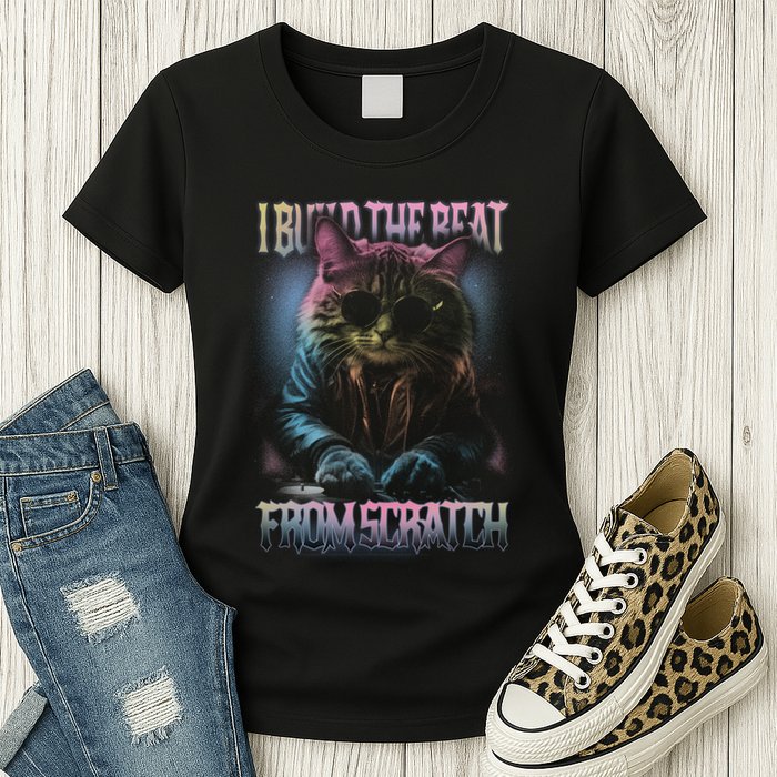 I Build The Beat From Scratch Funny Cosmic Dj Cat Womens T-Shirt