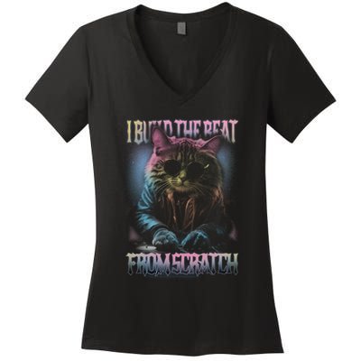 I Build The Beat From Scratch Funny Cosmic Dj Cat Women's V-Neck T-Shirt