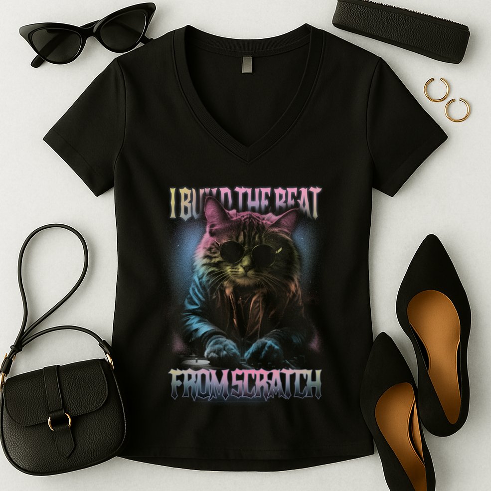 I Build The Beat From Scratch Funny Cosmic Dj Cat Women's V-Neck T-Shirt