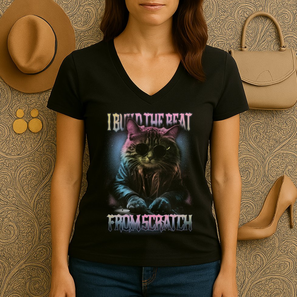 I Build The Beat From Scratch Funny Cosmic Dj Cat Women's V-Neck T-Shirt