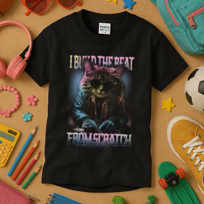 I Build The Beat From Scratch Funny Cosmic Dj Cat Kids T-Shirt