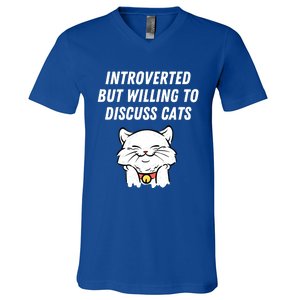 Introverted But Willing To Discuss Cats Cat Lover Humor Meaningful Gift V-Neck T-Shirt