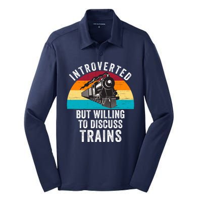 Introverted But Willing To Discuss Trains Train Lover Funny Railroad Silk Touch Performance Long Sleeve Polo